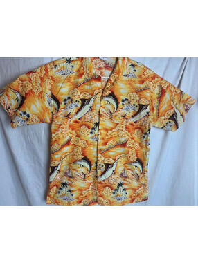 Men's Vintage WAGUN Size M Hawaiian Sunshine Island Marlin Shirt Orange Yellow